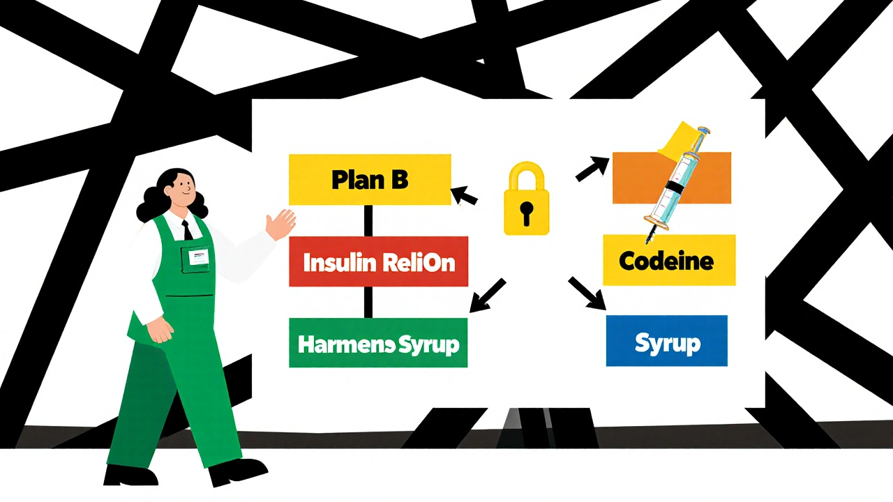 Un tableau mural montre des médicaments contrôlés équilibrés entre accès et sécurité