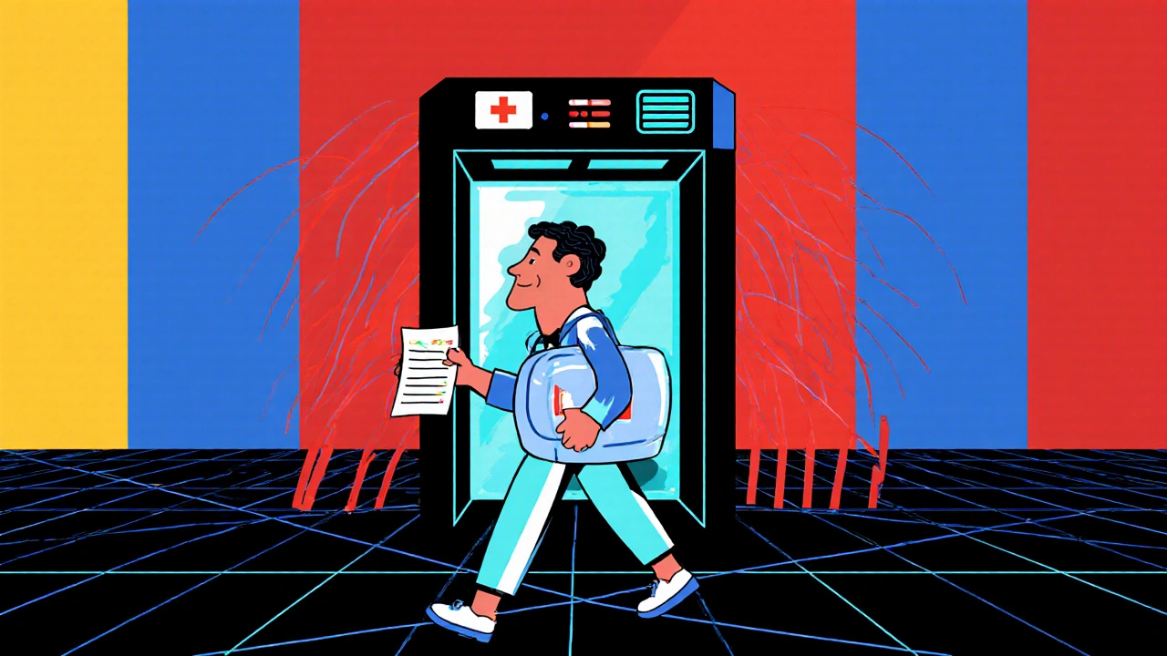 Voyageur marchant avec une liste de médicaments et un sac médical, un scanner IA en arrière-plan.