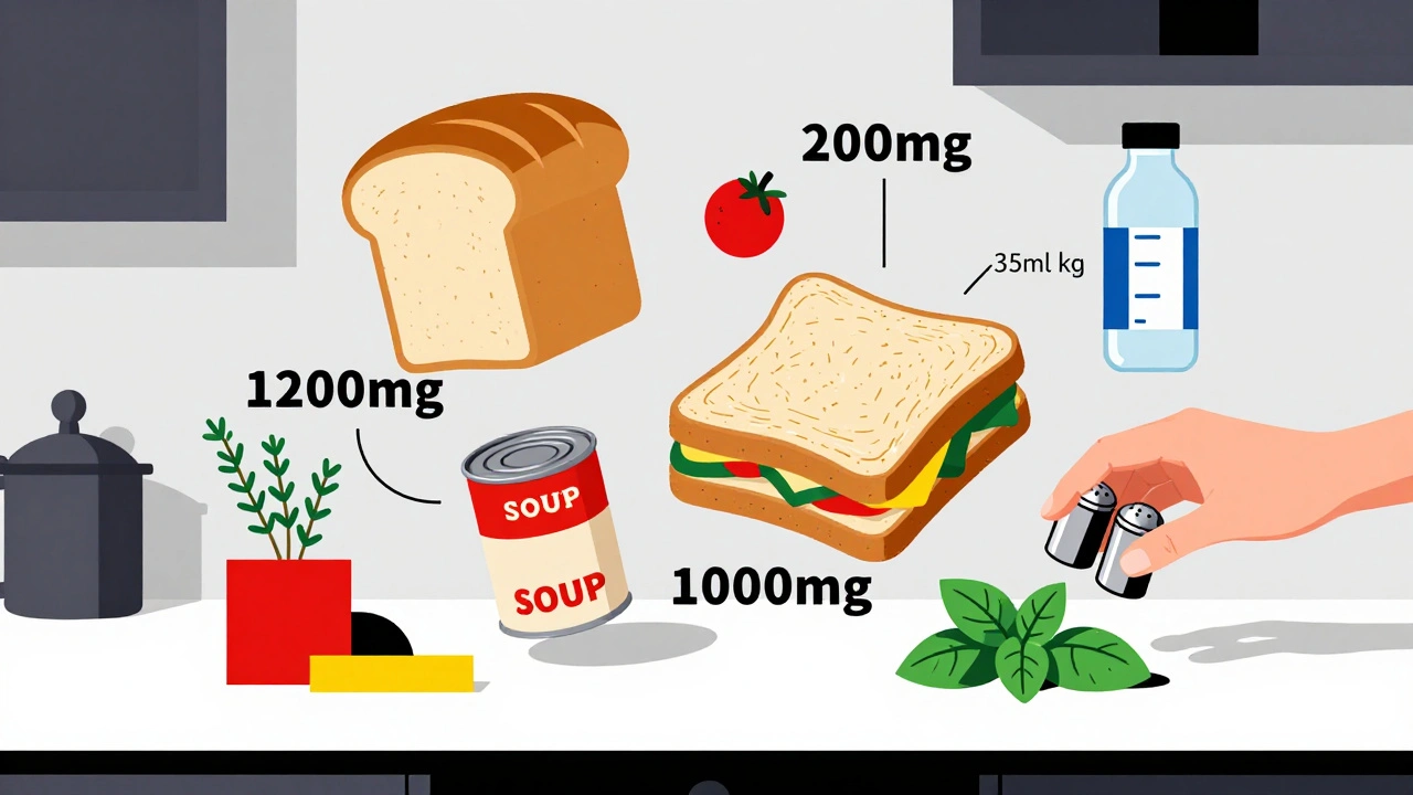 Aliments transformés flottant avec leurs teneurs en sodium, remplacés par des herbes.