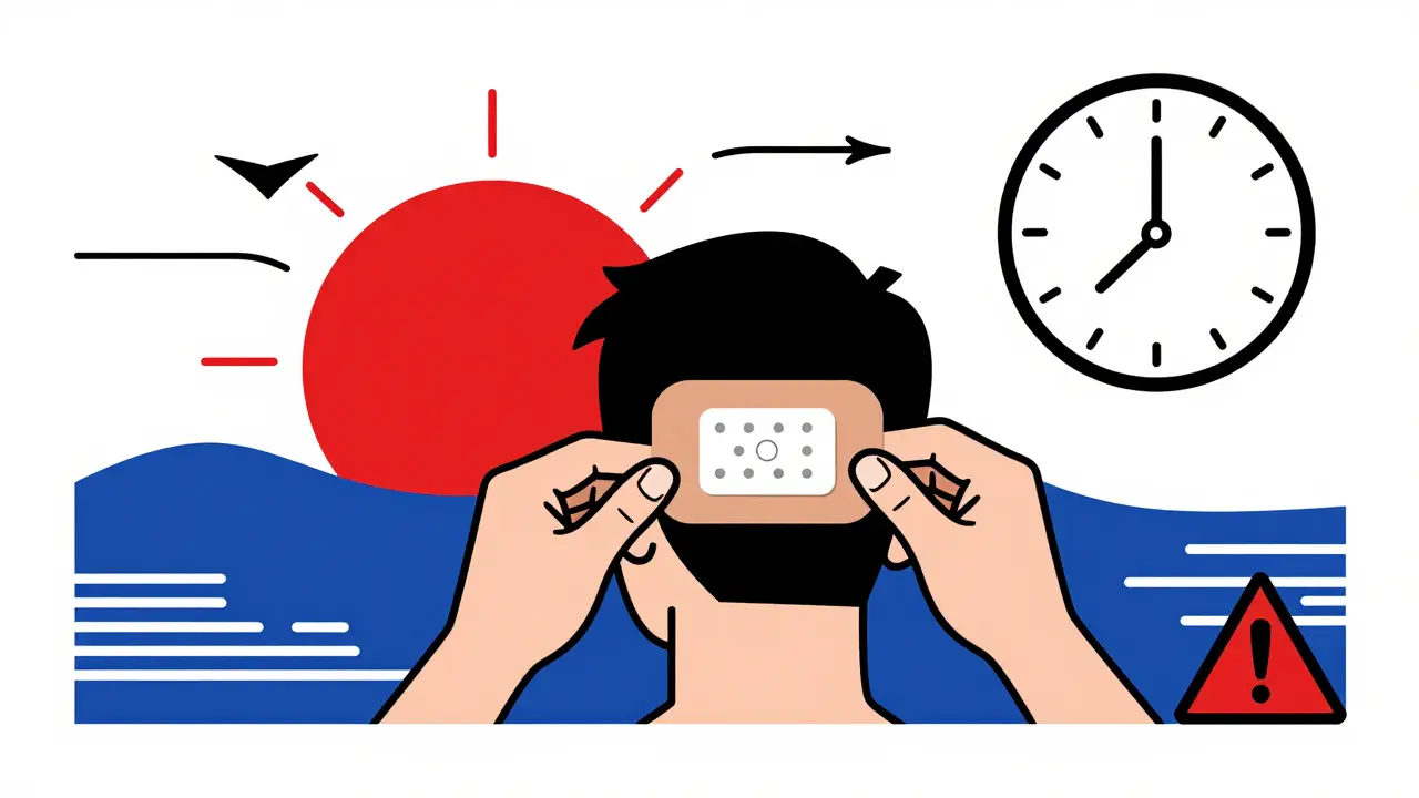 Application d'un patch derrière l'oreille avec un soleil et une horloge indiquant 4 heures avant le départ.