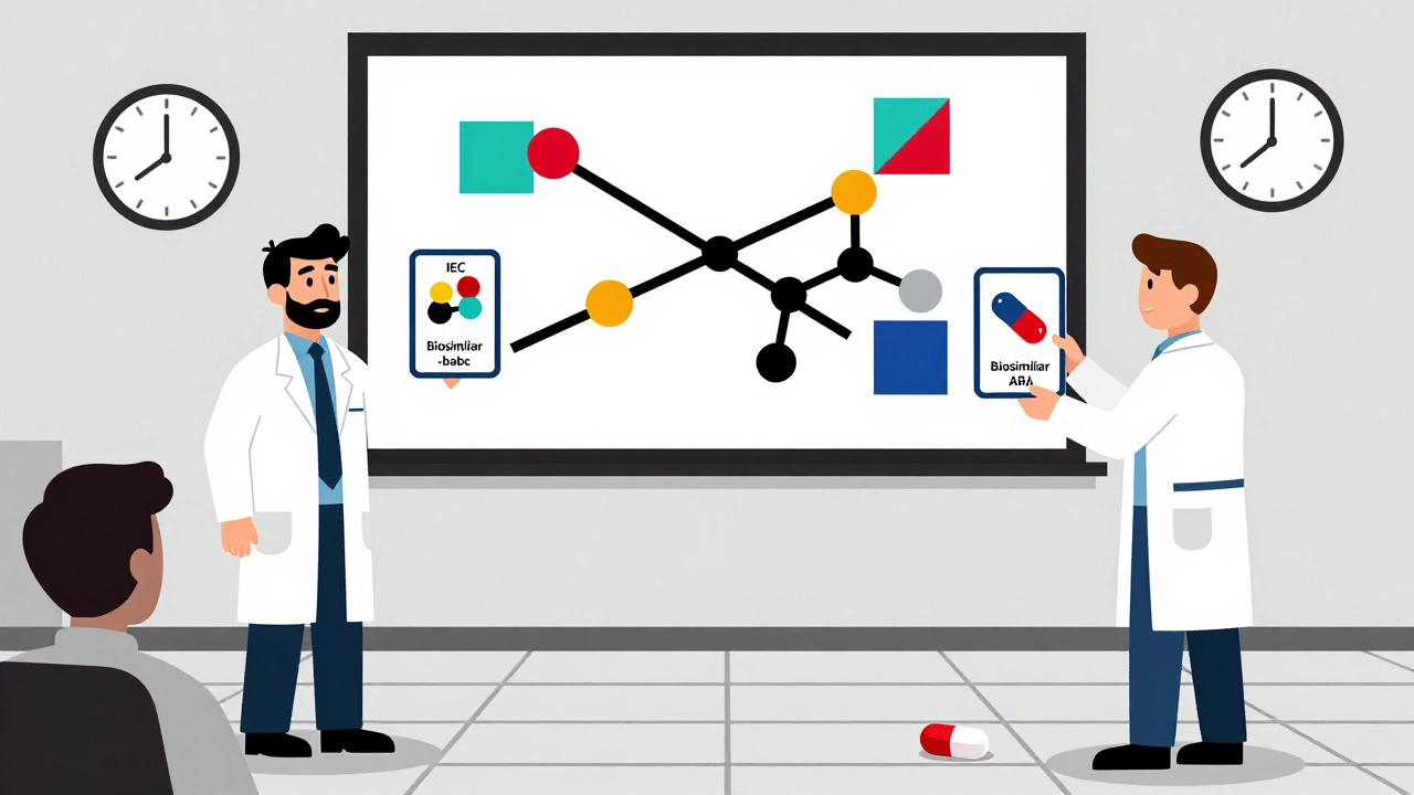 Apprentissage actif en salle de classe : cartes mémoire géométriques, biosimilaires et horloge stylisée indiquant les évaluations trimestrielles.