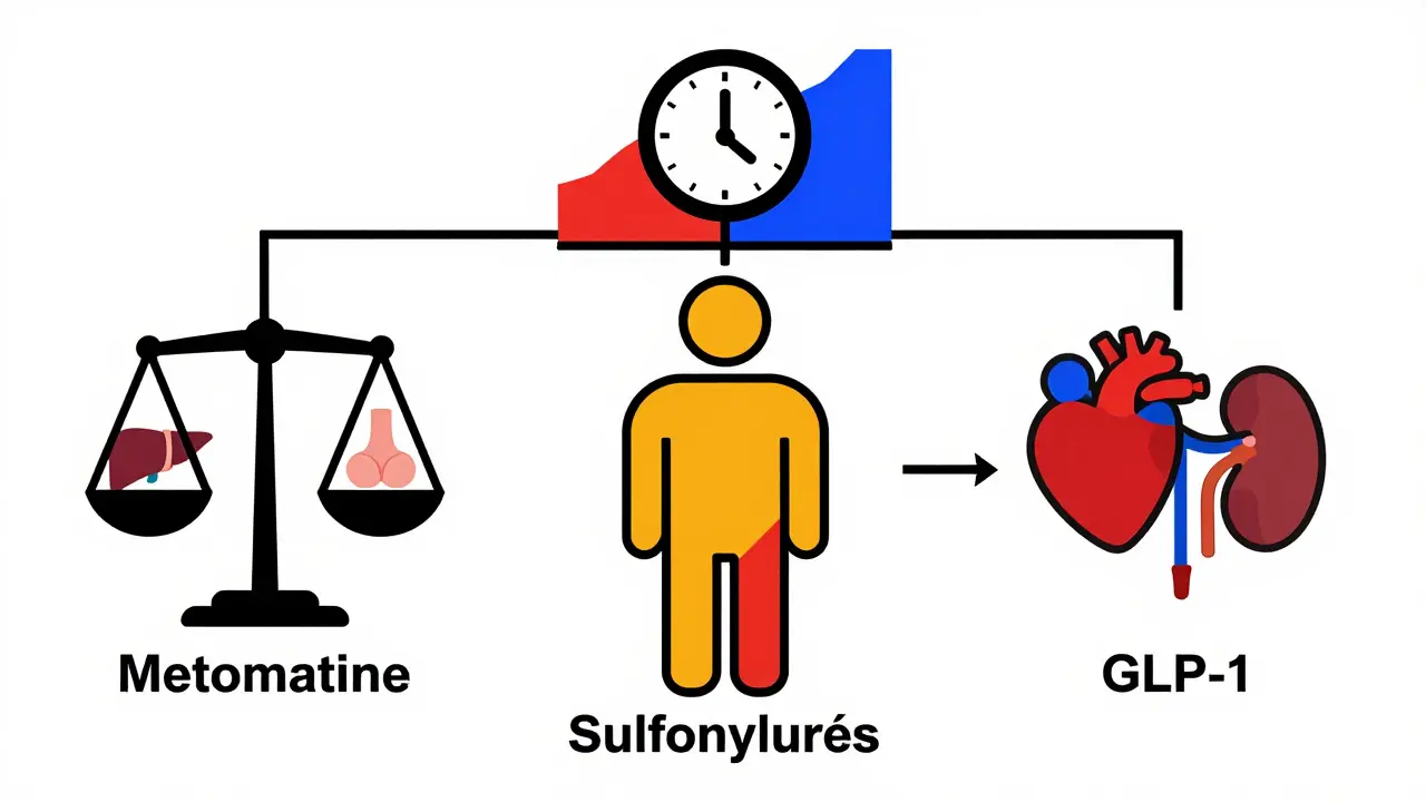Arbre de décision médicale abstrait en formes géométriques montrant les trois traitements du diabète et leurs impacts.