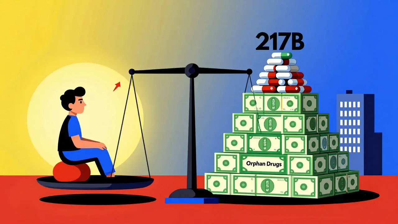 Balance entre un patient et un montant d'argent élevé, représenté en formes géométriques rouges, bleues et jaunes.