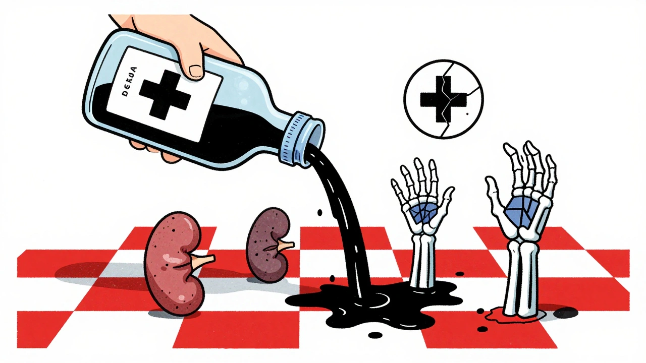 Bouteille de sirop renversée dont le liquide se transforme en mains squelettiques.