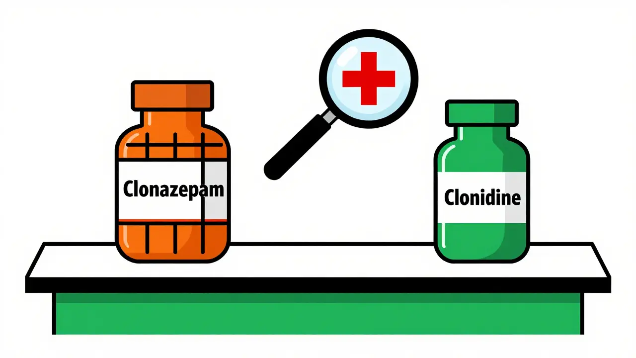 Bouteilles de médicaments en formes géométriques enfermées dans des cages colorées pour éviter la confusion.