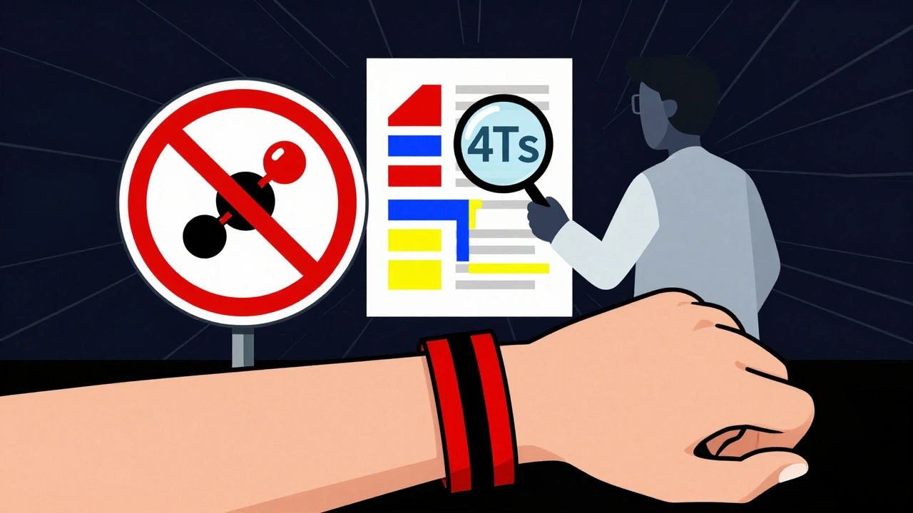 Bracelet médical rouge et noir avec symbole d&#039;interdiction d&#039;héparine, entouré de diagrammes géométriques, style De Stijl.