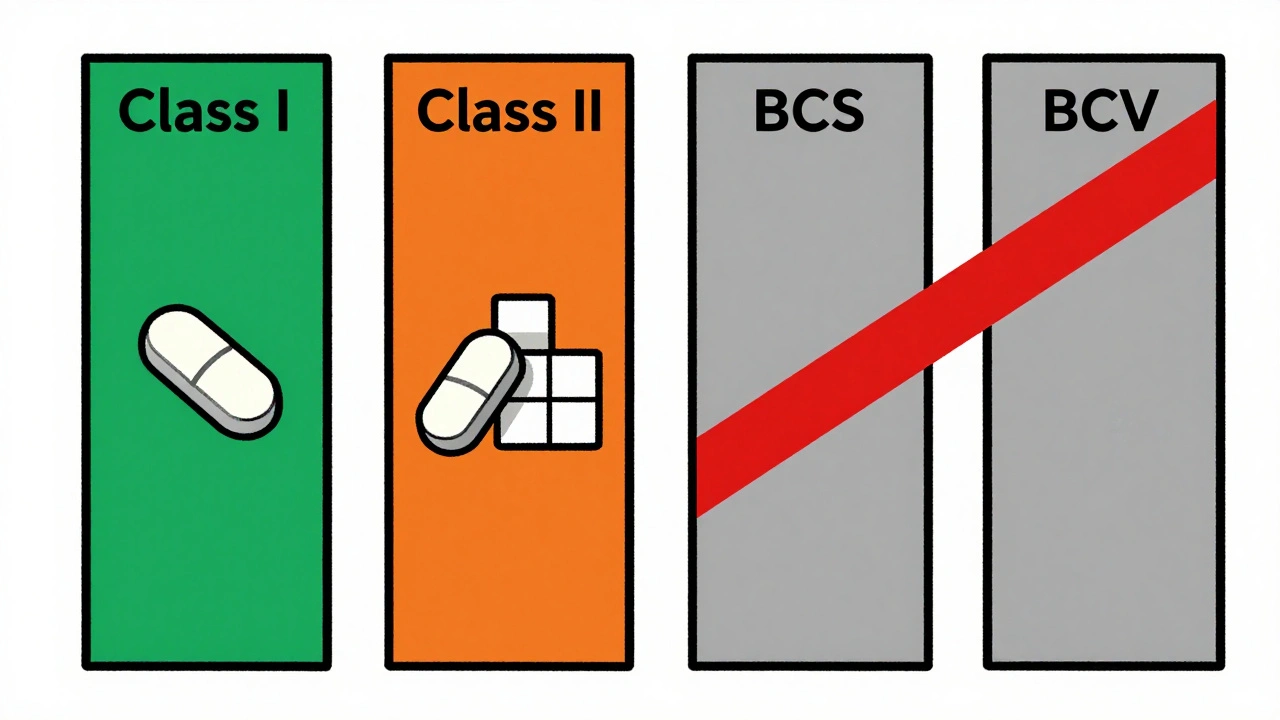 Classification BCS en barres colorées : Classe I et III autorisées, II et IV interdites, style De Stijl.