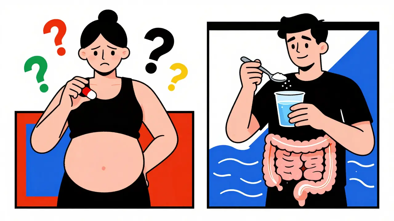 Comparaison visuelle entre un laxatif inefficace et le PEG efficace, en style De Stijl avec formes géométriques.