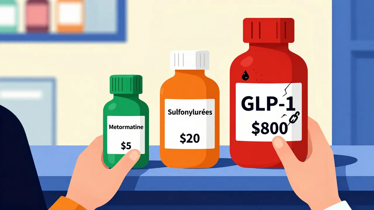 Comptoir de pharmacie avec trois bouteilles de médicaments et leurs prix, représentés en formes géométriques et couleurs vives.