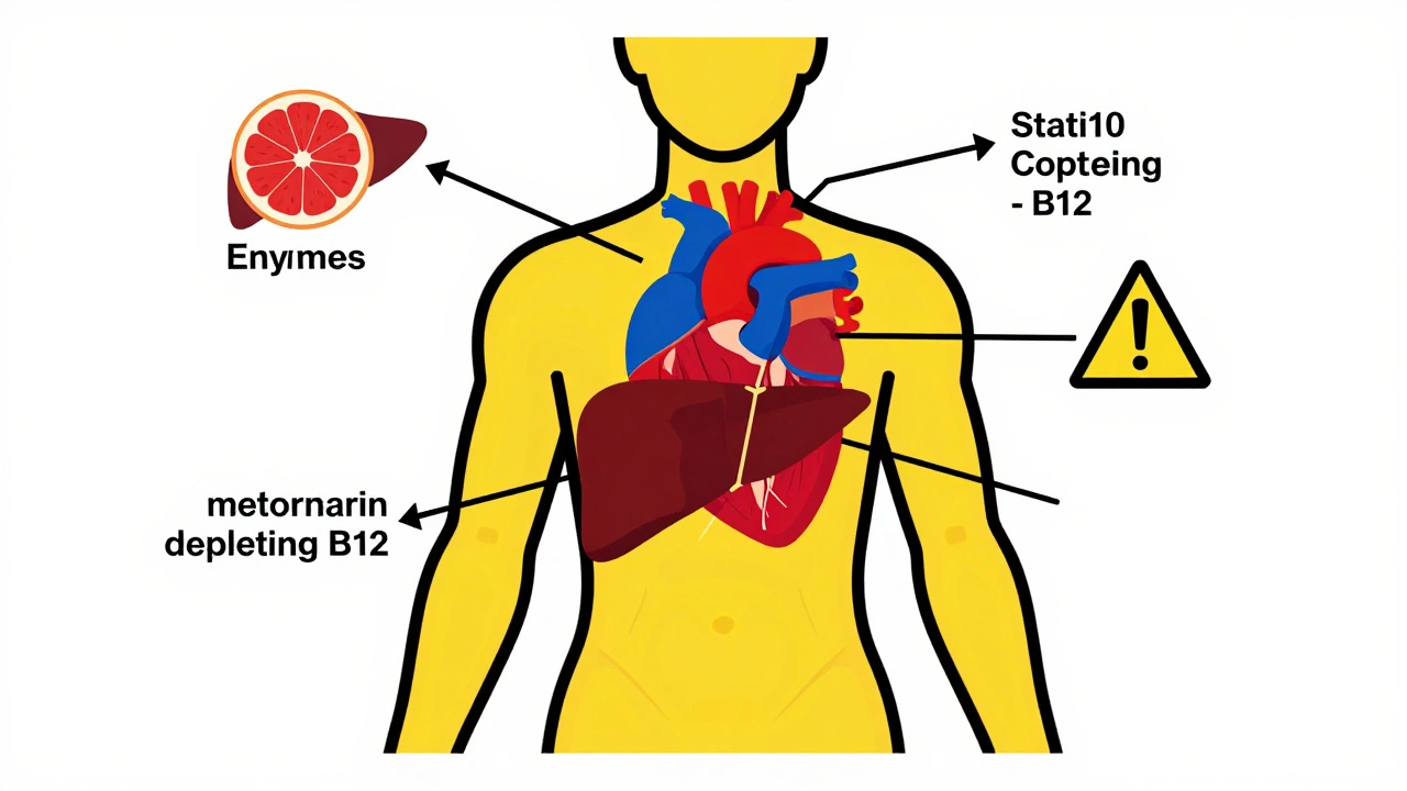 Corps stylisé montrant les interactions entre médicaments et organes avec des flèches colorées.