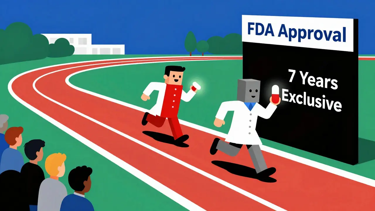 Course stylisée entre deux entreprises pharmaceutiques vers l'approbation FDA, avec une barrière d'exclusivité.