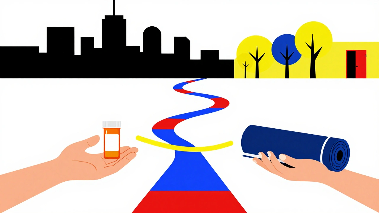 Deux mains se rapprochant entre médicaments et réhabilitation, séparées par un chemin de couleurs géométriques.