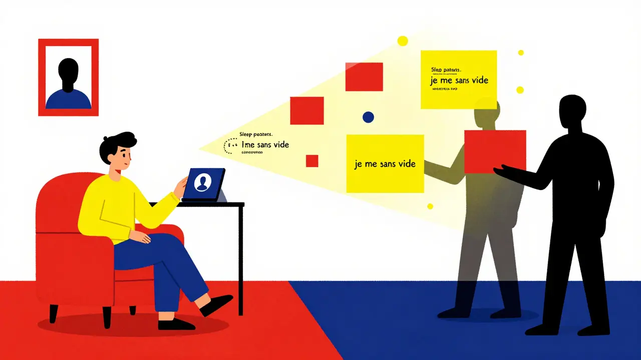 Données personnelles de santé mentale extraites par des silhouettes corporatives dans un style géométrique coloré.