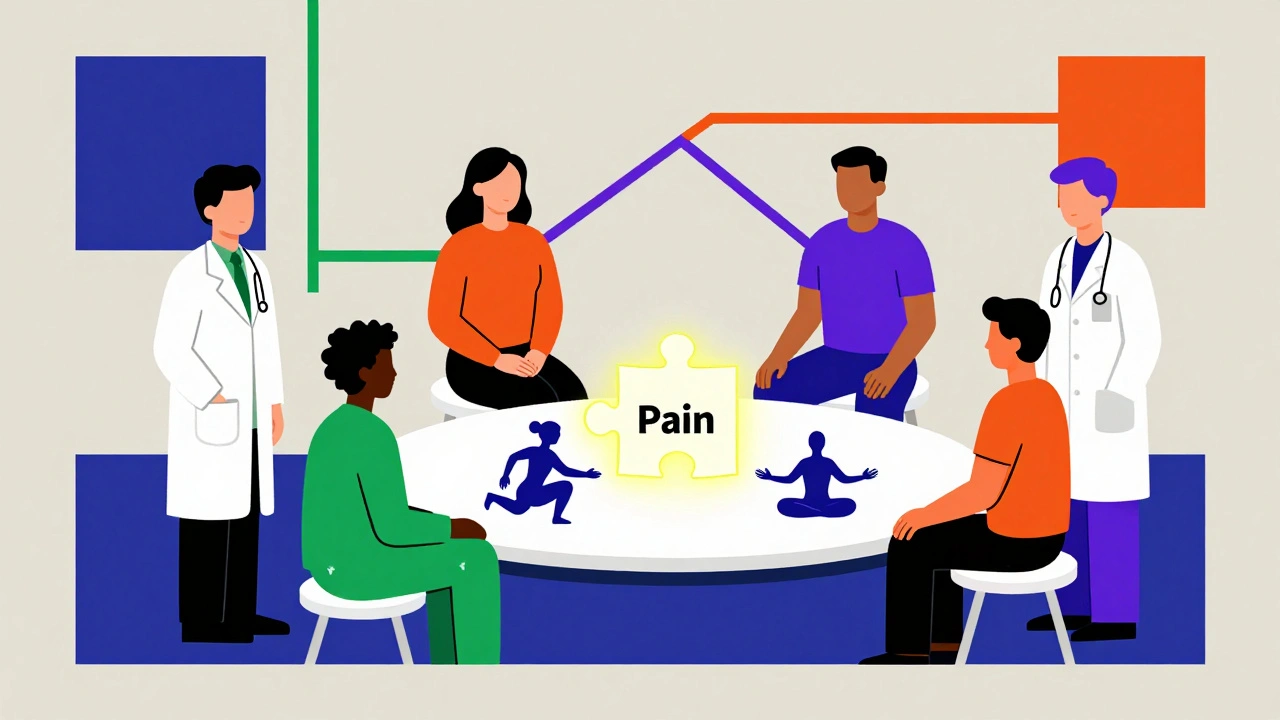 Équipe multidisciplinaire assemblant un puzzle de douleur avec des éléments de mouvement et d&#039;émotion.
