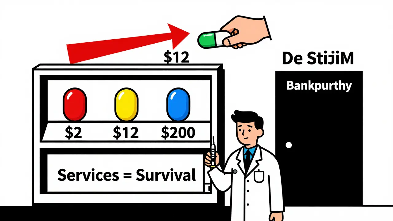Étagère de pharmacie avec prix des génériques, main PBM qui saisit la différence, pharmacien avec services de santé.