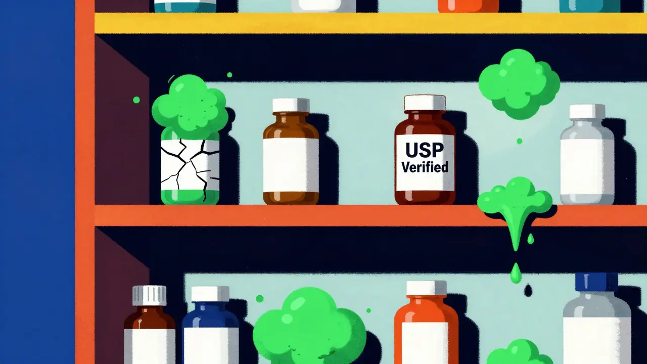 Étagère de pharmacie avec un seul complément certifié USP en lumière, les autres contaminés, style géométrique.