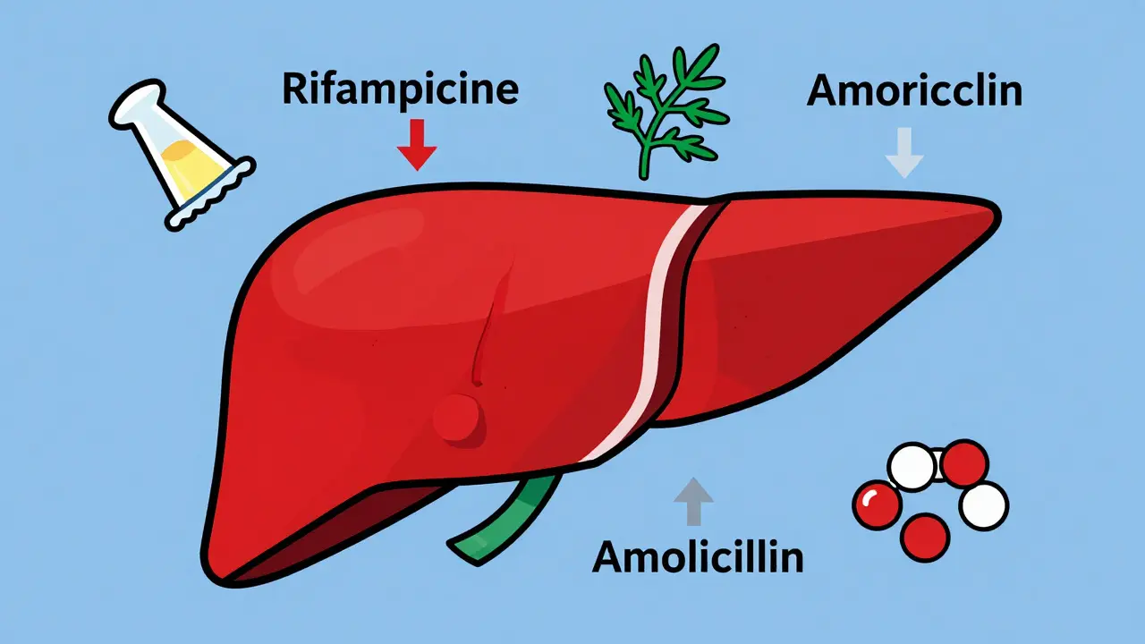 Foie stylisé en forme géométrique montrant l'effet de la rifampicine sur les hormones, entouré d'icônes de médicaments et d'herbes.