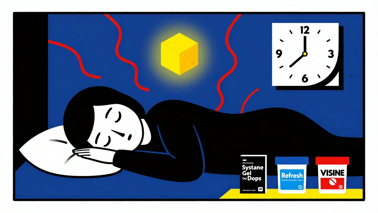Goutte de gel flottante au-dessus d'un œil fermé la nuit, avec des flacons de collyres en formes géométriques sur une étagère.