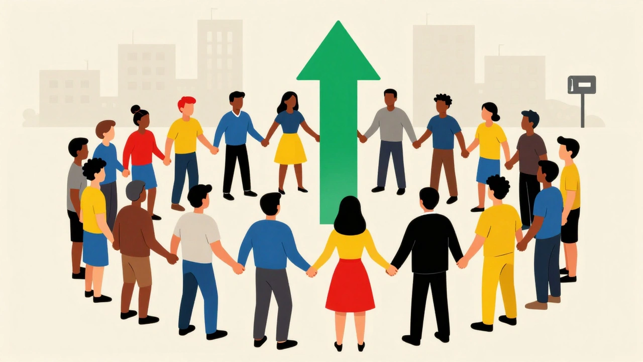 Groupe de personnes en cercle avec des blocs colorés, symbolisant l&#039;amélioration de la mobilité en style De Stijl.