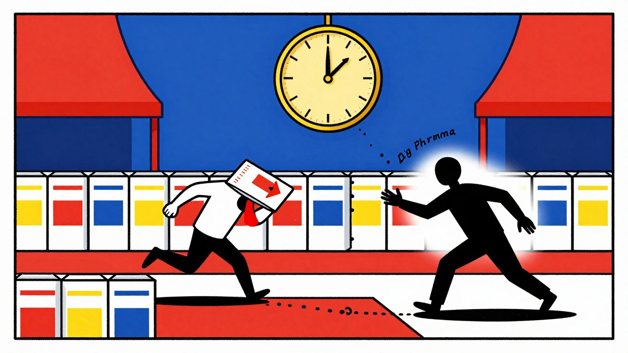 Horloge dorée symbolisant l&#039;exclusivité de 180 jours pour le premier générique, entourée de produits en formes abstraites.