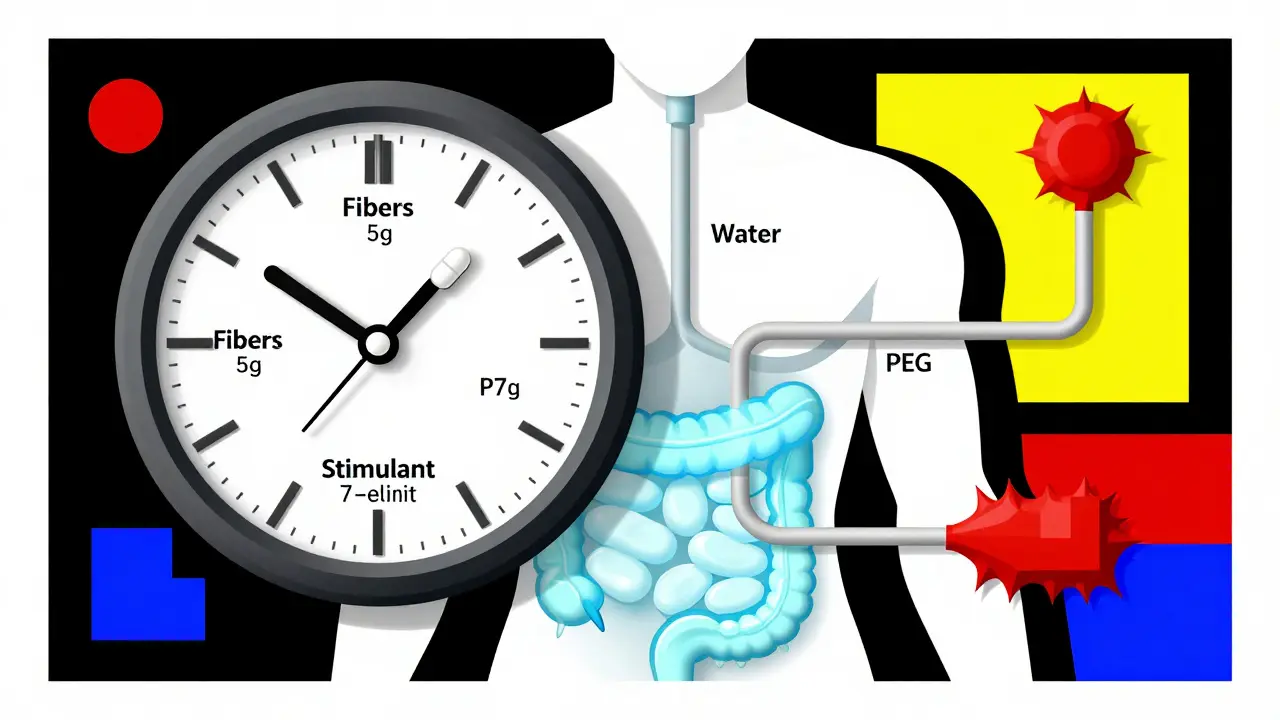 Horloge médicale stylisée montrant les traitements de la constipation avec un intestin lumineux en arrière-plan.