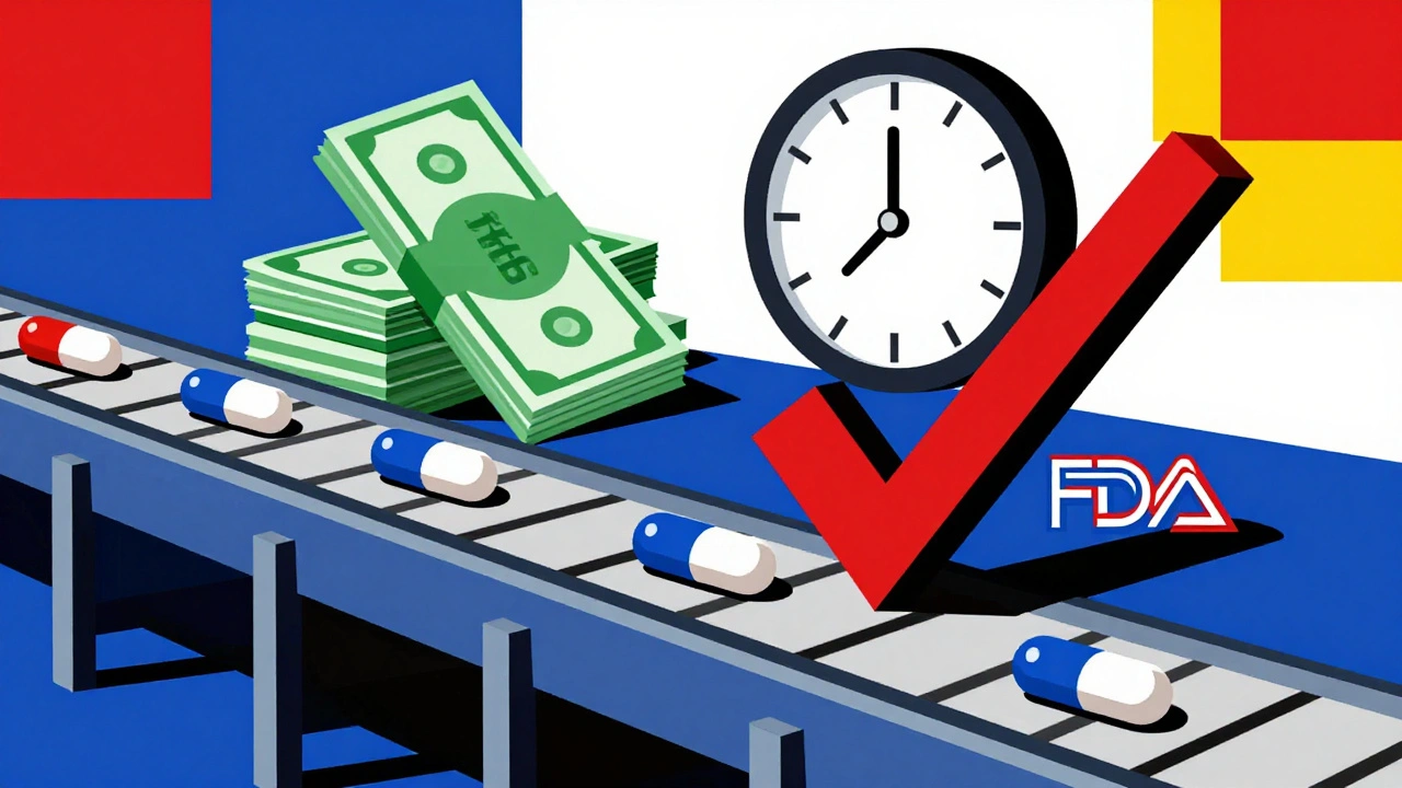 Ligne de production de génériques avec économies de temps et d&#039;argent, supervisée par un emblème FDA stylisé.