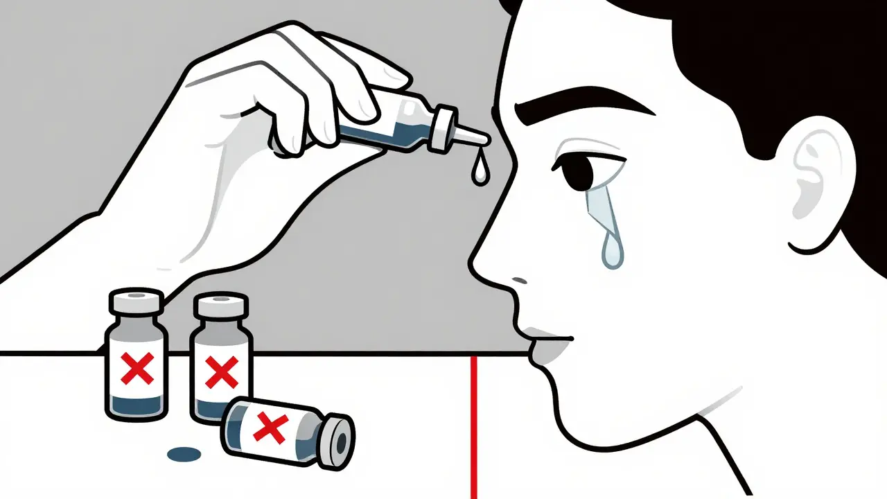 Main appliquant une goutte unique dans l'œil, avec des flacons jetés marqués d'une croix rouge, dans un style abstrait De Stijl.