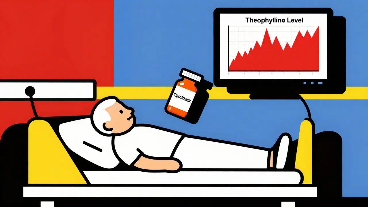 Patient âgé dans une chambre d'hôpital, moniteur affichant une montée dangereuse de théophylline, bouteille de ciprofloxacine en ombre.