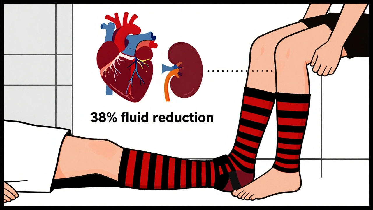Patient en chaussettes de compression géométriques avec flèches indiquant la réduction du liquide dans les jambes.