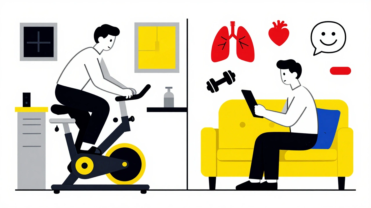 Patient en vélo d&#039;appartement et en télé-réhabilitation, représenté en formes géométriques et couleurs primaires.