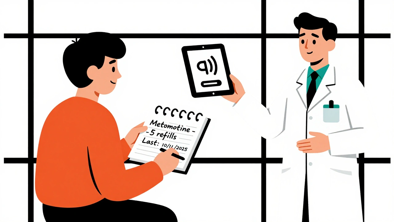 Patient note les renouvellements dans un carnet, un pharmacien à côté.