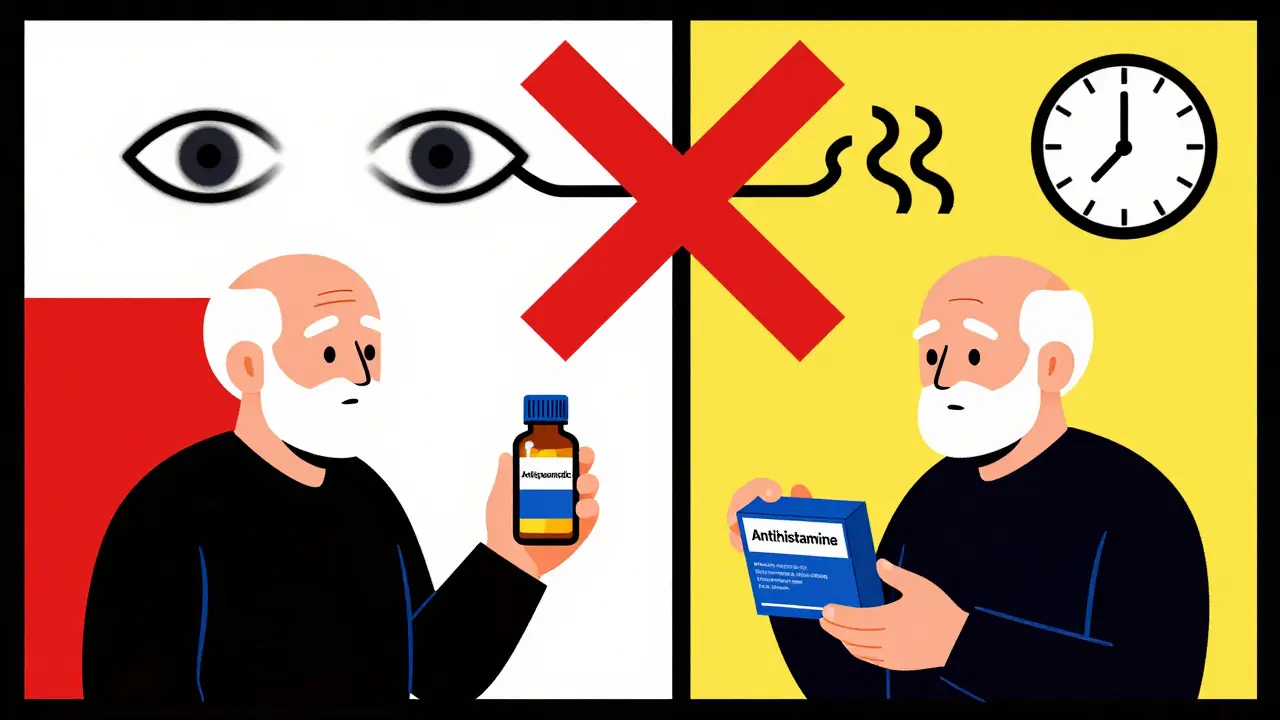 Personne âgée tenant deux médicaments, avec un symbole d'intersection interdite et des signes de confusion visuelle.