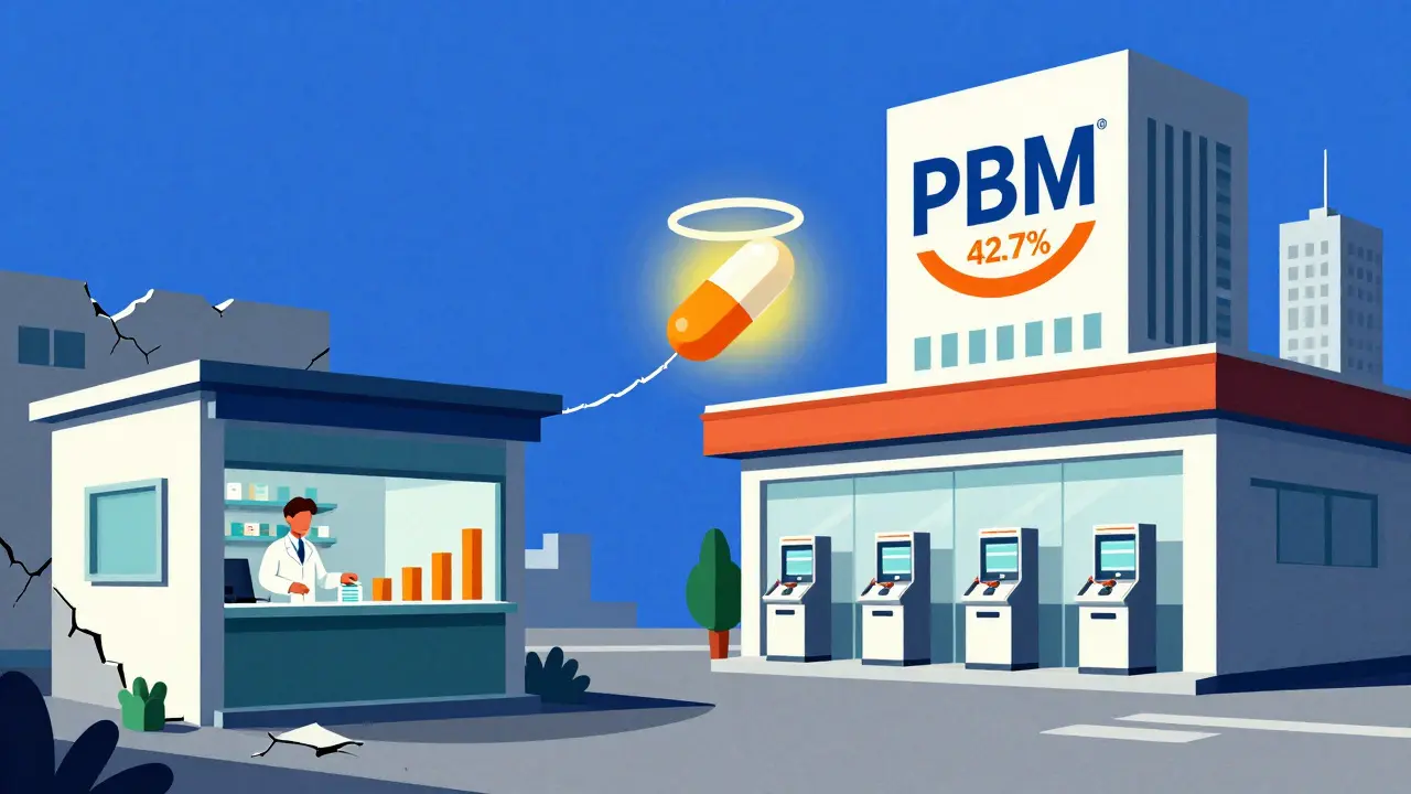 Pharmacie indépendante à gauche, grande chaîne à droite, pilule générique au centre avec marge élevée.