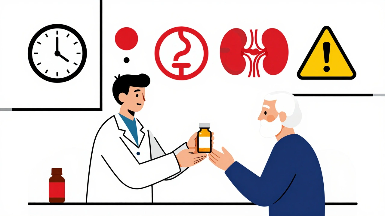 Pharmacien offrant un médicament à une personne âgée, entouré d&#039;icônes géométriques de précautions.