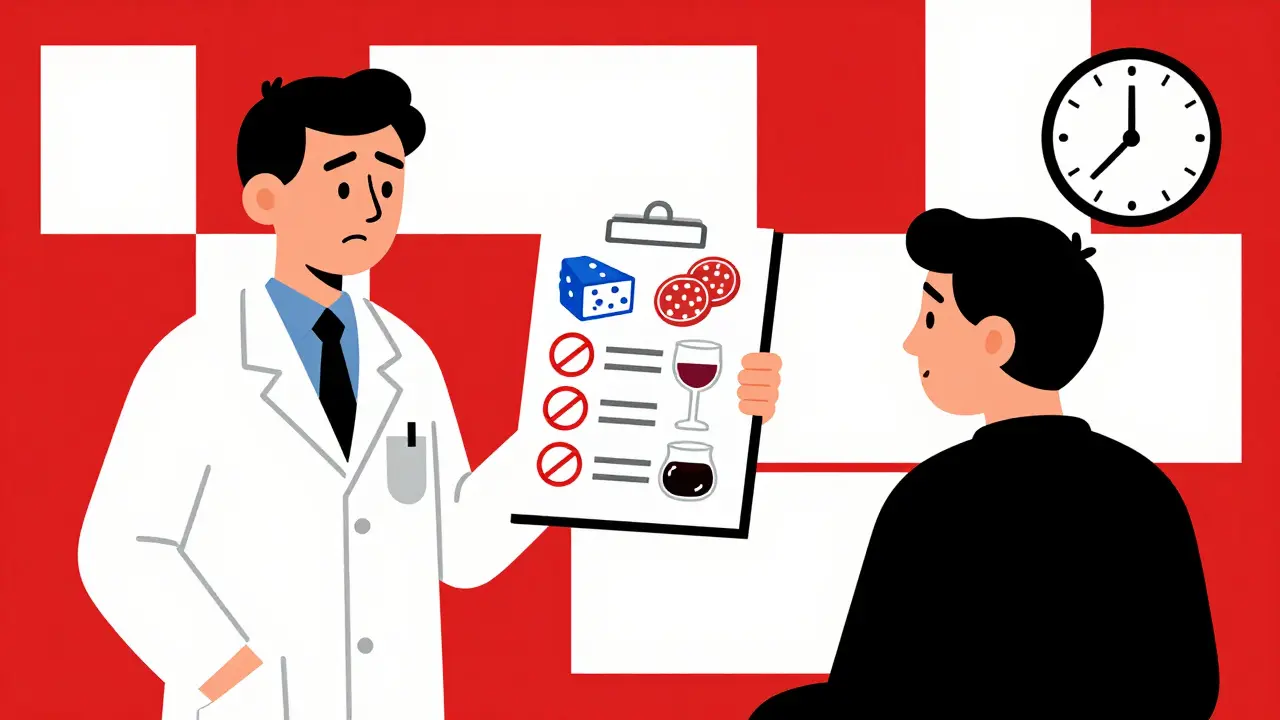 Pharmacien remet une liste visuelle d'aliments interdits en style géométrique.