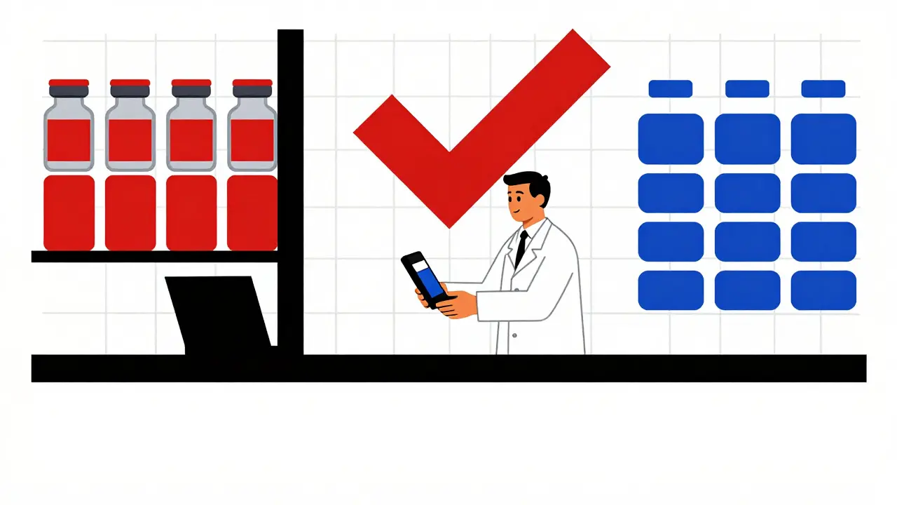 Pharmacien scanne un code-barres entre deux rangées de flacons d'insuline isolées par des lignes noires.