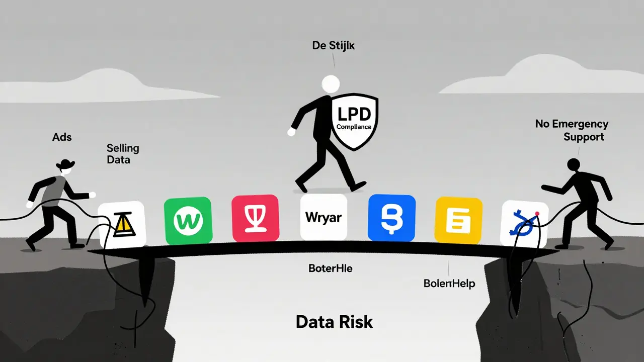 Pont d'applications de santé mentale traversant un précipice de risques, avec une figure protégée par la LPD.
