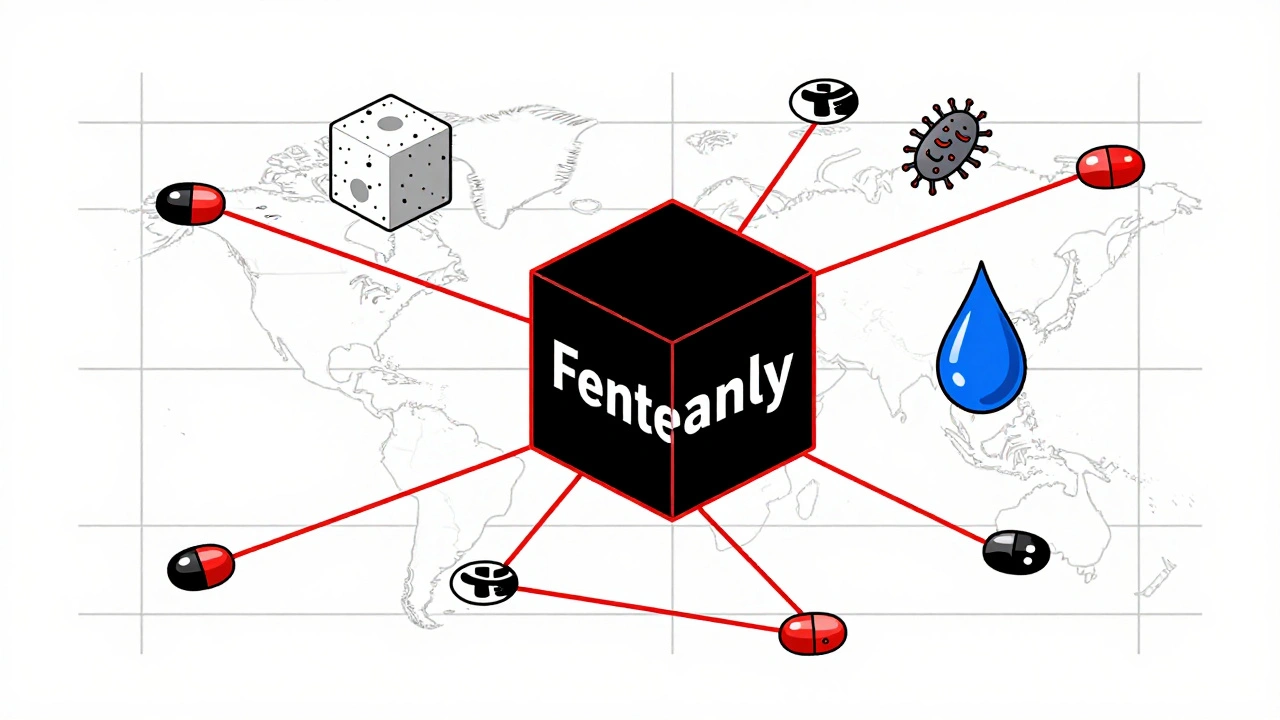 Réseau global de pilules falsifiées convergeant vers un cube noir de fentanyl.