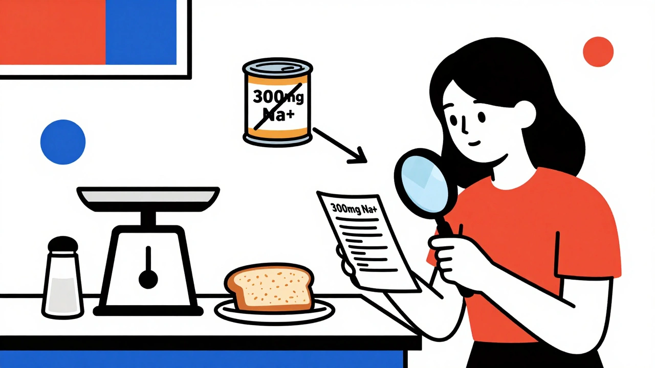 Scène de cuisine minimaliste avec pain, sel et étiquette alimentaire, symbolisant la restriction de sodium en maladie rénale.