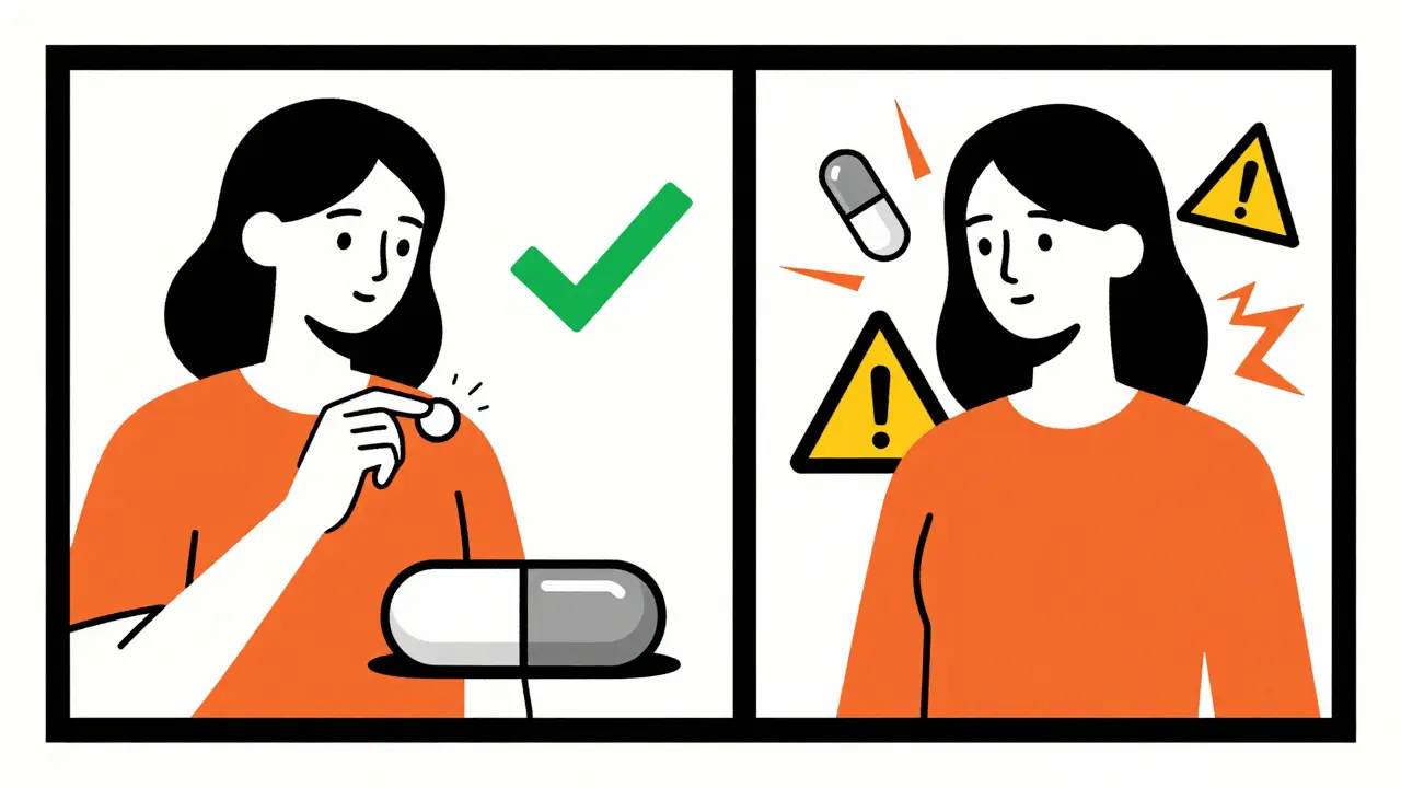 Scène divisée : à gauche, une pilule contraceptive en sécurité avec l'amoxicilline ; à droite, un avertissement avec la rifampicine.