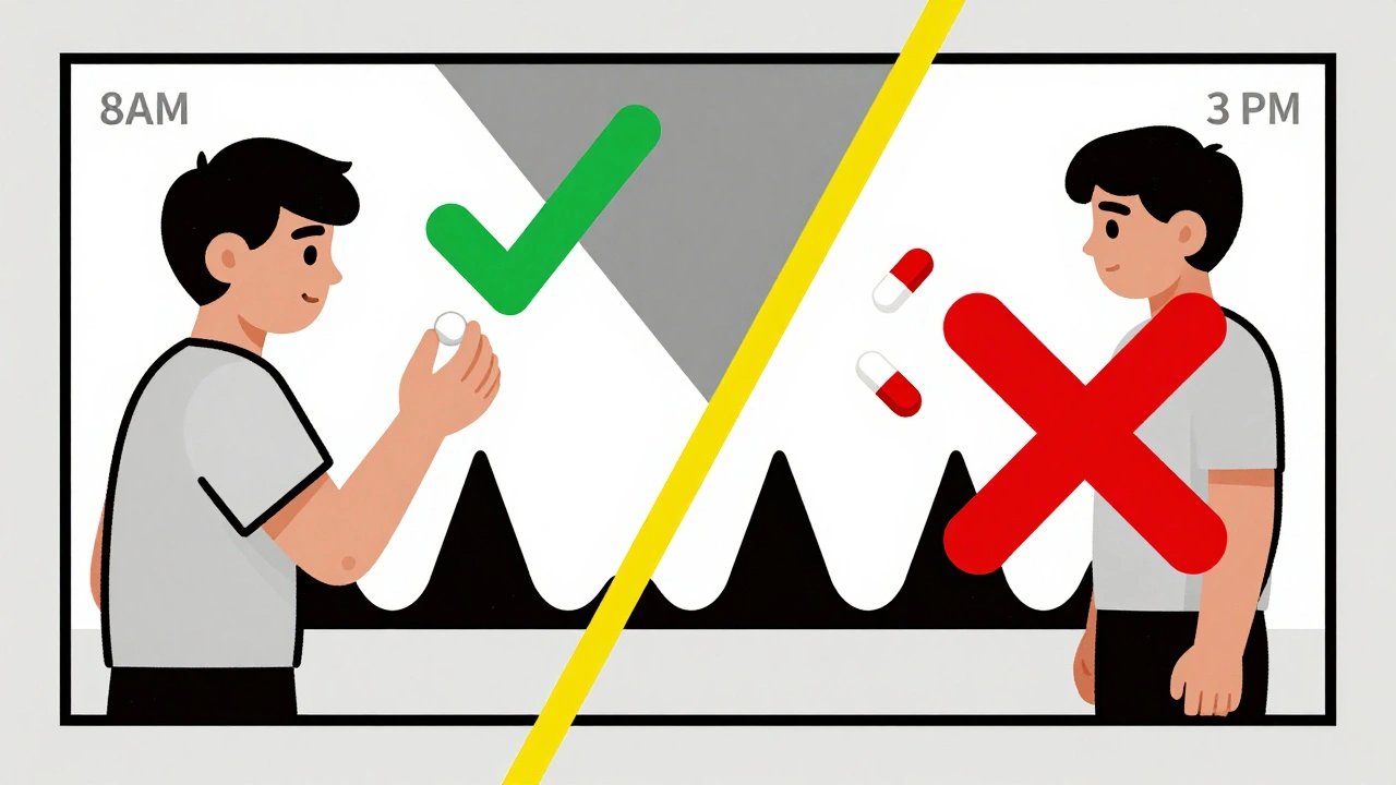 Scène divisée : une pilule prise à temps à gauche, deux pilules interdites à droite avec une ligne jaune séparant les heures.