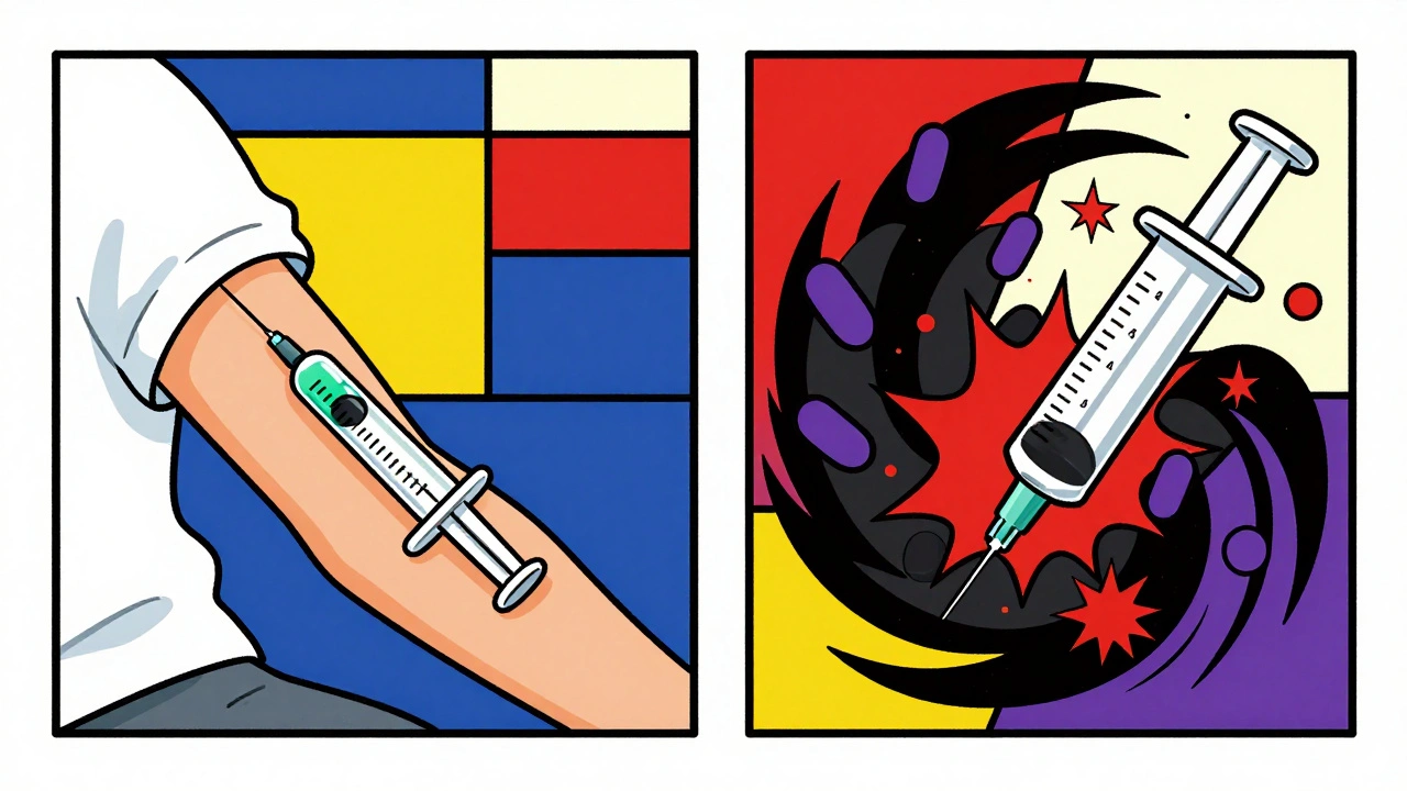 Seringue d&#039;héparine transformée en vortex noir activant des anticorps en étoiles rouges et violettes, style De Stijl.