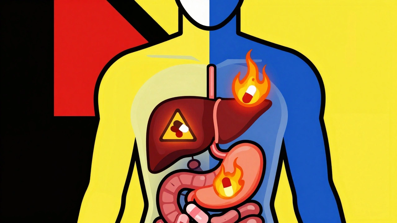 Silhouette humaine avec foie et estomac visibles, illustrant les risques de l&#039;acetaminophène et de l&#039;ibuprofène.