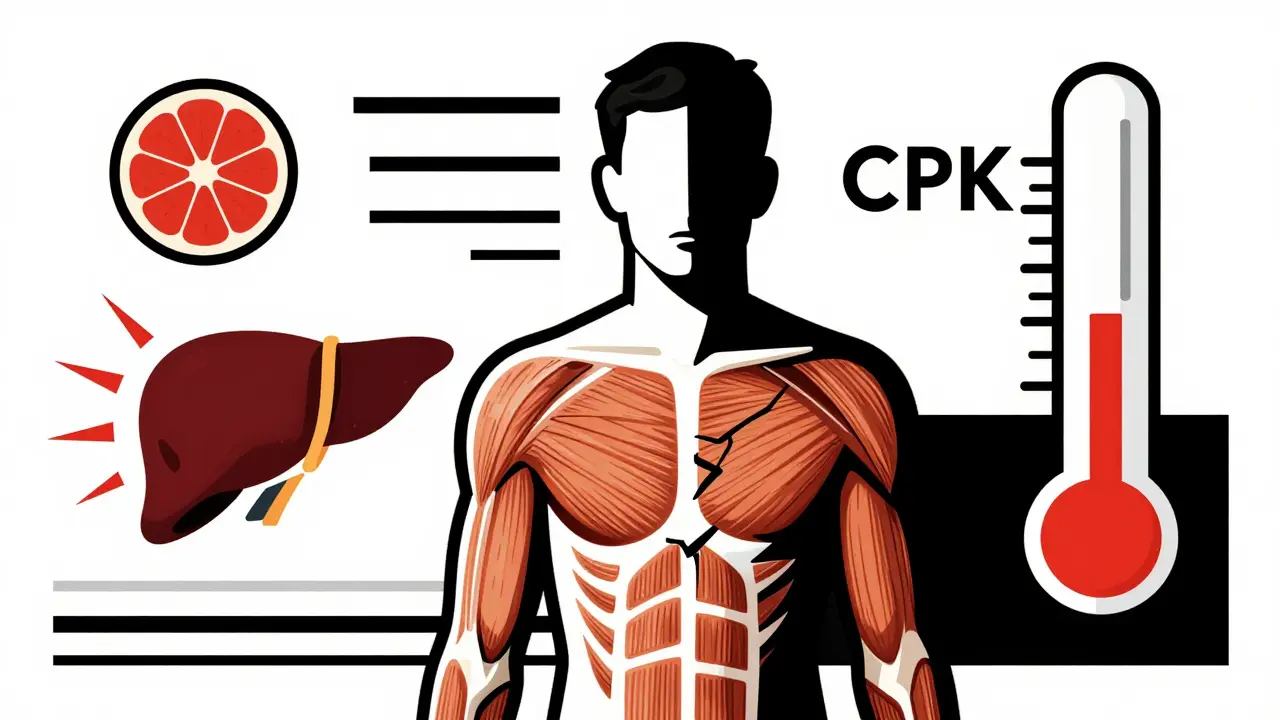 Silhouette humaine avec muscles endommagés et symboles de risques autour, style De Stijl abstrait.
