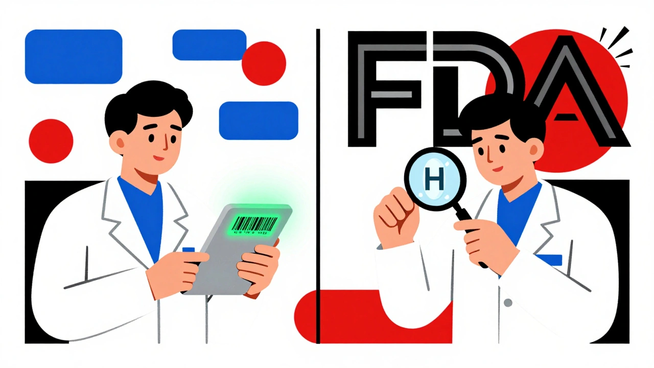 Technicien vérifiant un médicament avec et sans scanner, classes thérapeutiques représentées par formes géométriques colorées.