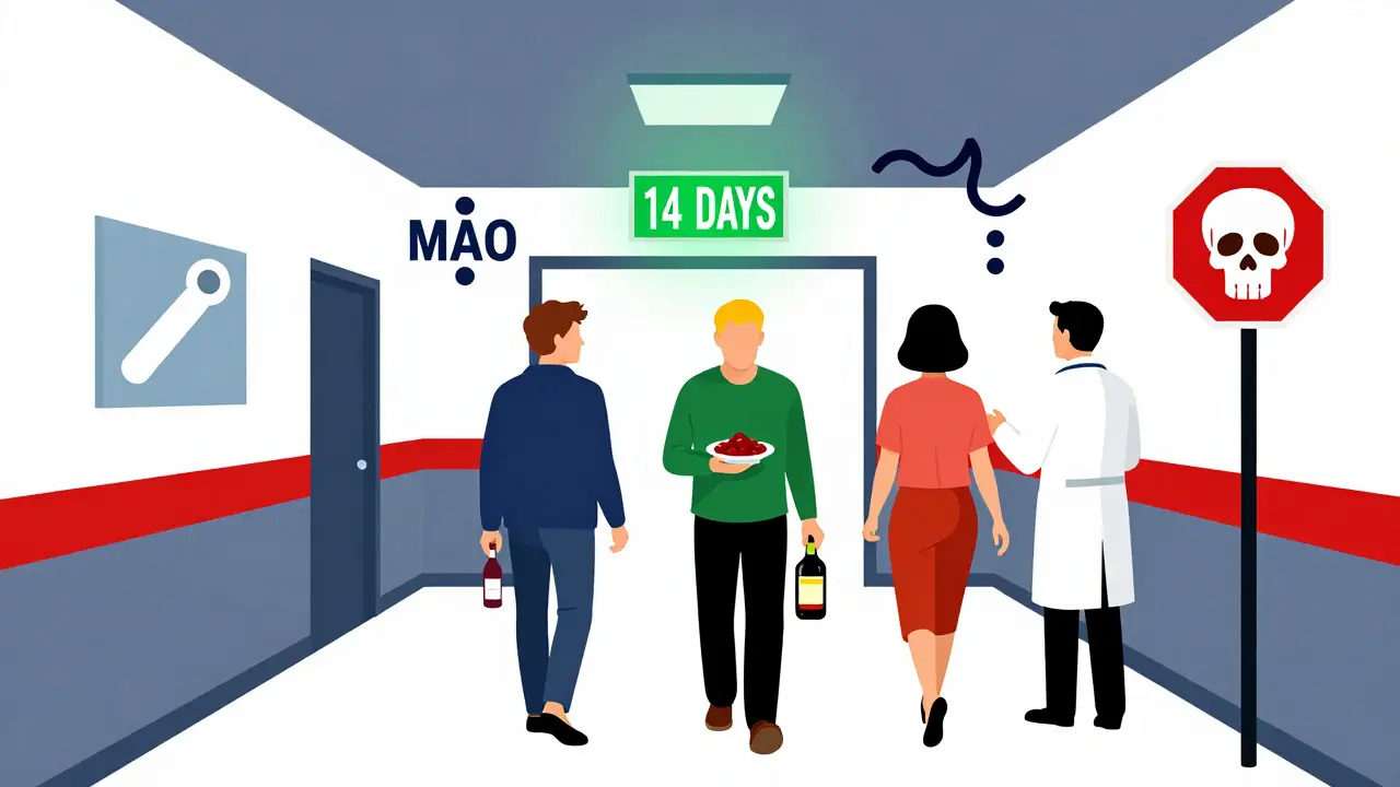 Trois patients marchent avec des aliments à risque, un signal d'arrêt rouge les arrête.