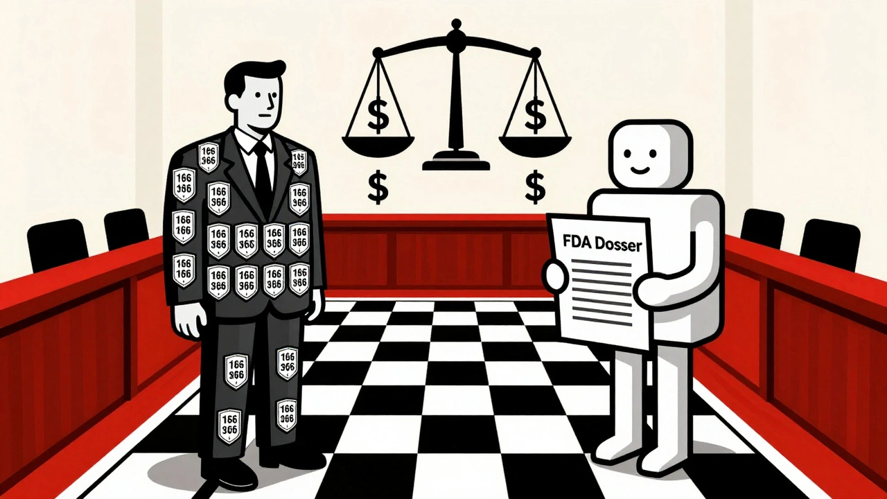 Un géant des brevets affronte un biosimilaire dans une cour de justice, sous une balance penchée.