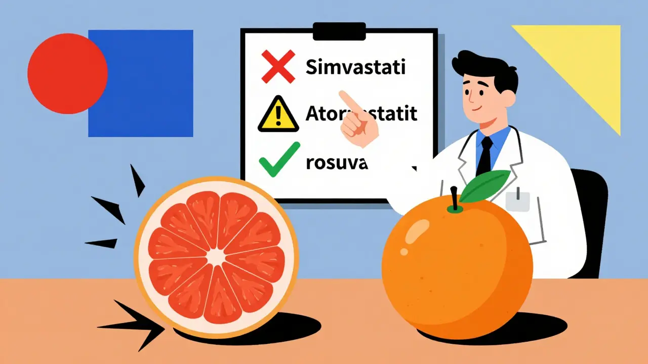 Un médecin montre un tableau comparant trois statines, avec un pamplemousse dangereux à côté d'une orange sans risque.