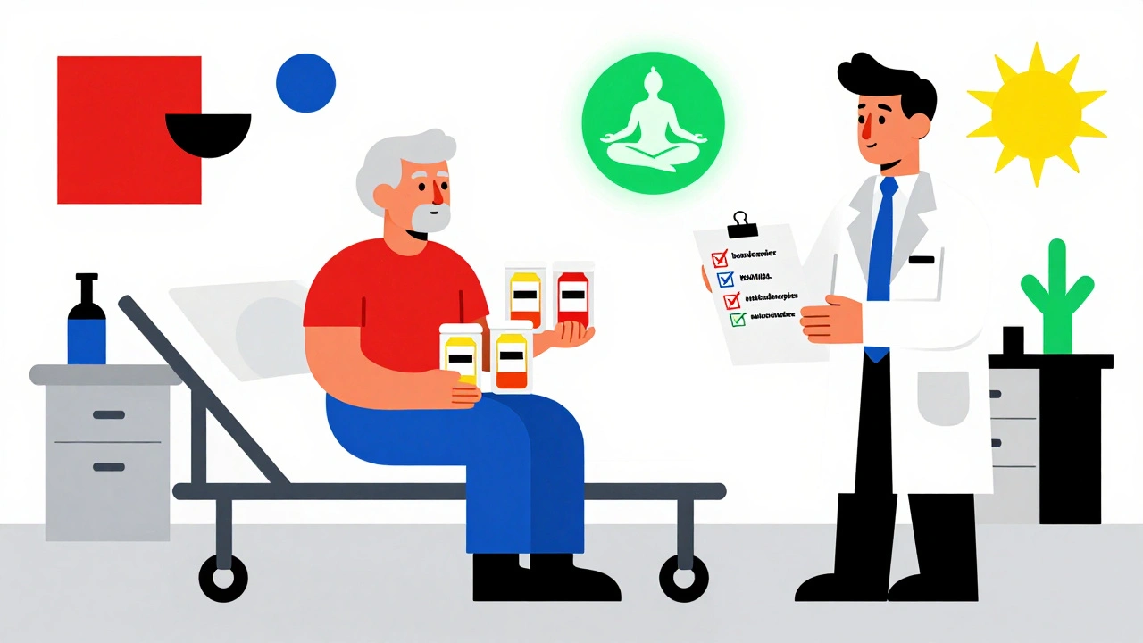 Un patient âgé quittant l&#039;urgence avec de nouveaux médicaments, tandis qu&#039;un pharmacien montre des alternatives sécurisées.