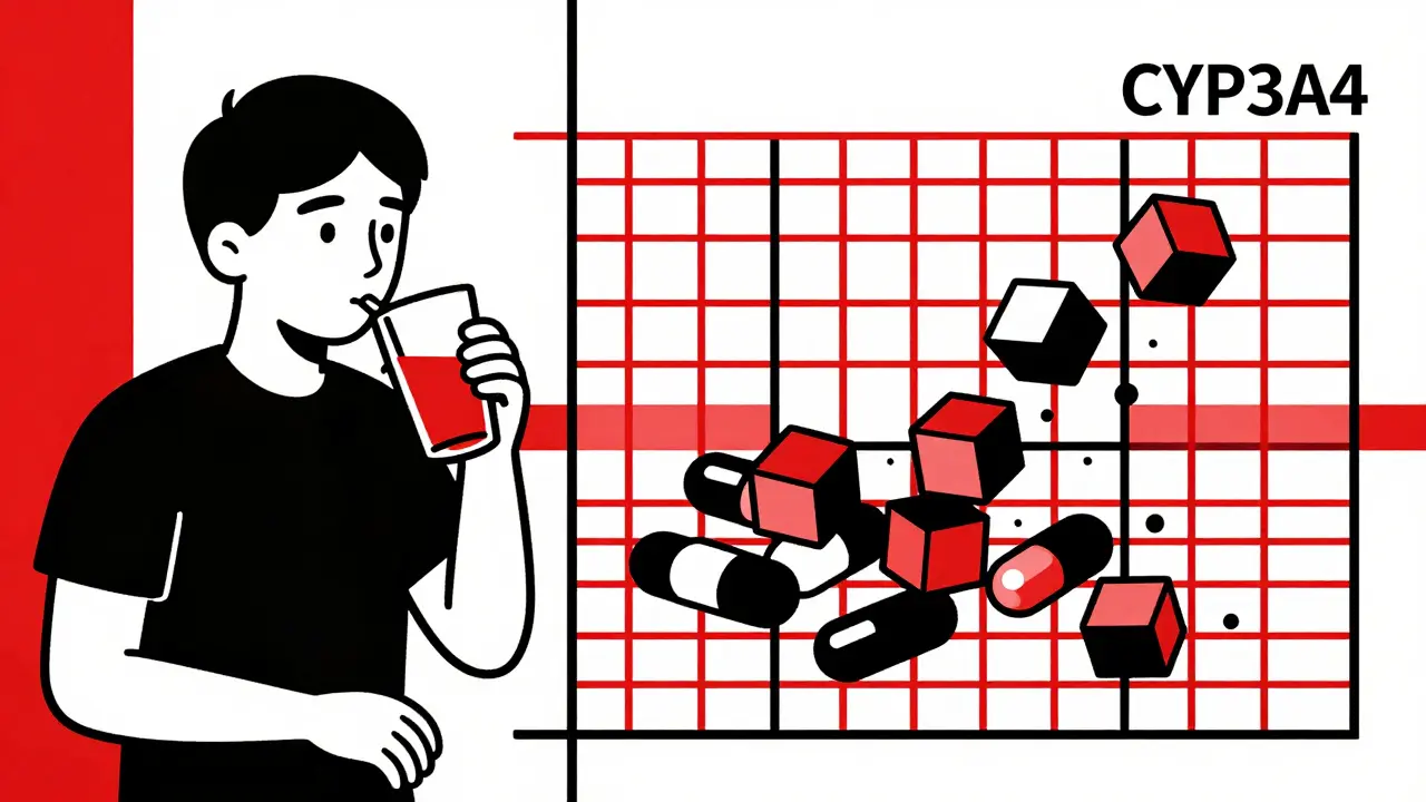 Un patient boit du jus de pamplemousse tandis que des molécules de statine s'accumulent dans son sang.
